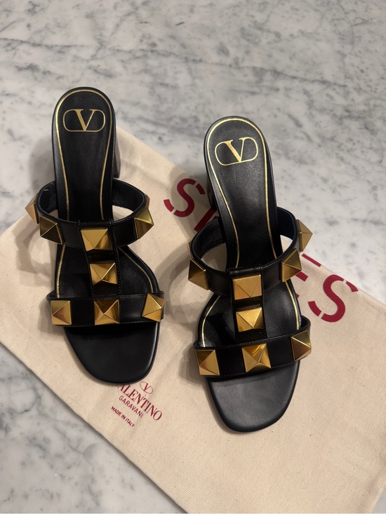 Valentino Shoes - Valentino Black Leather Slide Mules with Gold Pyramid Studs